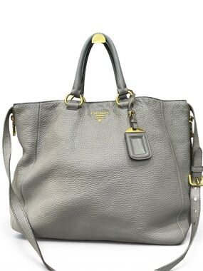 Prada Vitello Daino Leather Tote Gray Top Handle w Strap Gold Hardware (C16)